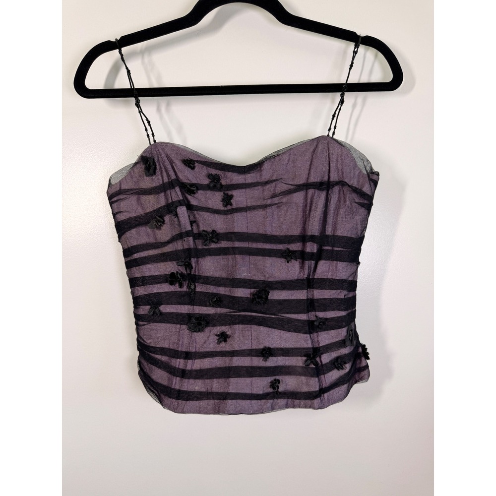 Kay Unger Tulle Silk Corset Top Women's 6 Purple Black Floral Mesh Camisole Goth